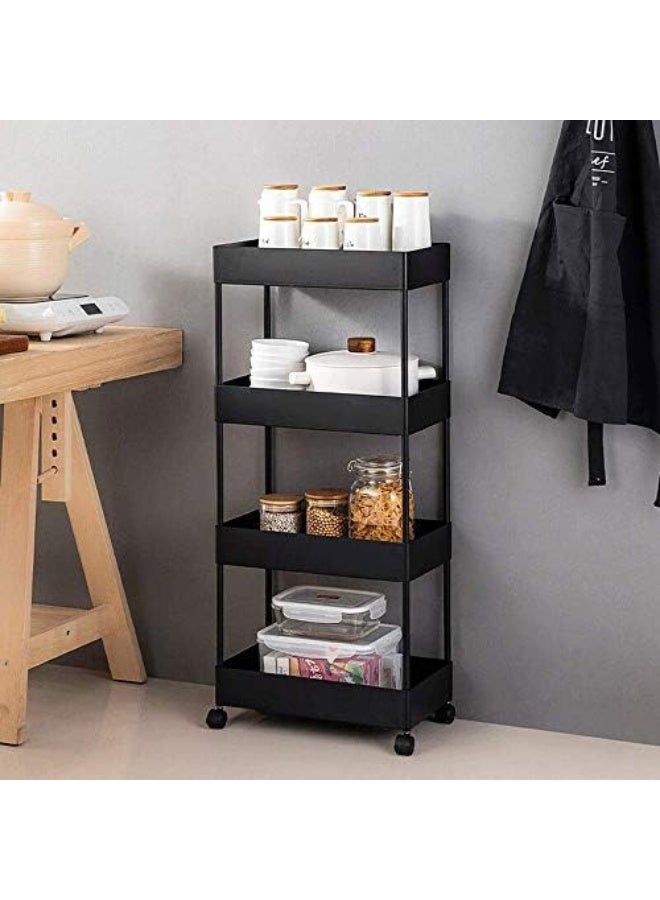 AQUILUX Rolling Storage Cart 4-Tier Slide Out Rolling Utility Cart Hollow Carved Storage Basket Organizer Shelf Rack with Wheels for Kitchen Bathroom Laundry (Black) - Image 5
